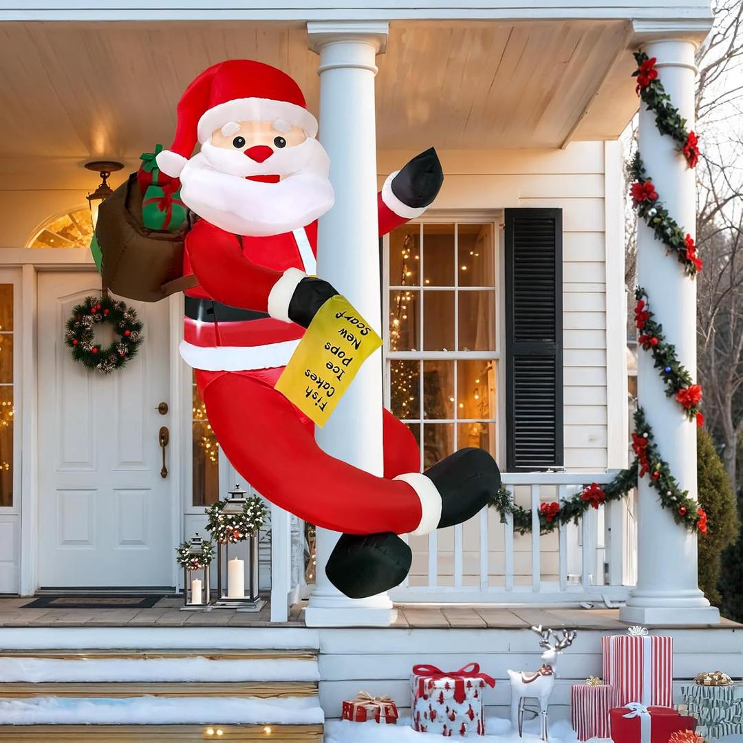 OurWarm 6 FT Christmas Inflatable Outdoor Decoration, Christmas Blow Ups Hanging Santa with Gift Bag Built-in LED Lights for Holiday Party Indoor Porch Columns Yard Tree Outdoor Xmas Decorations