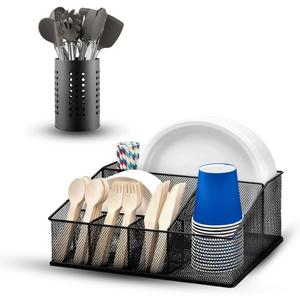 Paper Plate Organizer with Utensil Holder 6 Compartment Metal Paper Plate Dispenser for Plates, Cups, Napkins, Cutlery Countertop Silverware Party Holder for Kitchen, Party, BBQ & Camping