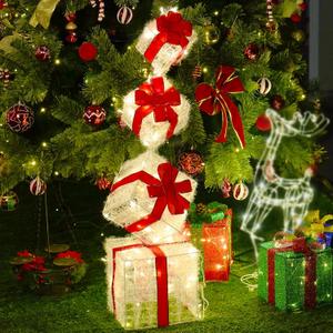 Set of 4 Lighted Gift Boxes, 3.3FT 70 LED Stackable Light Up Present Boxes for Christmas Decorations Indoor Outdoor Yard Lawn Porch Home Decor(4 Piece Set)