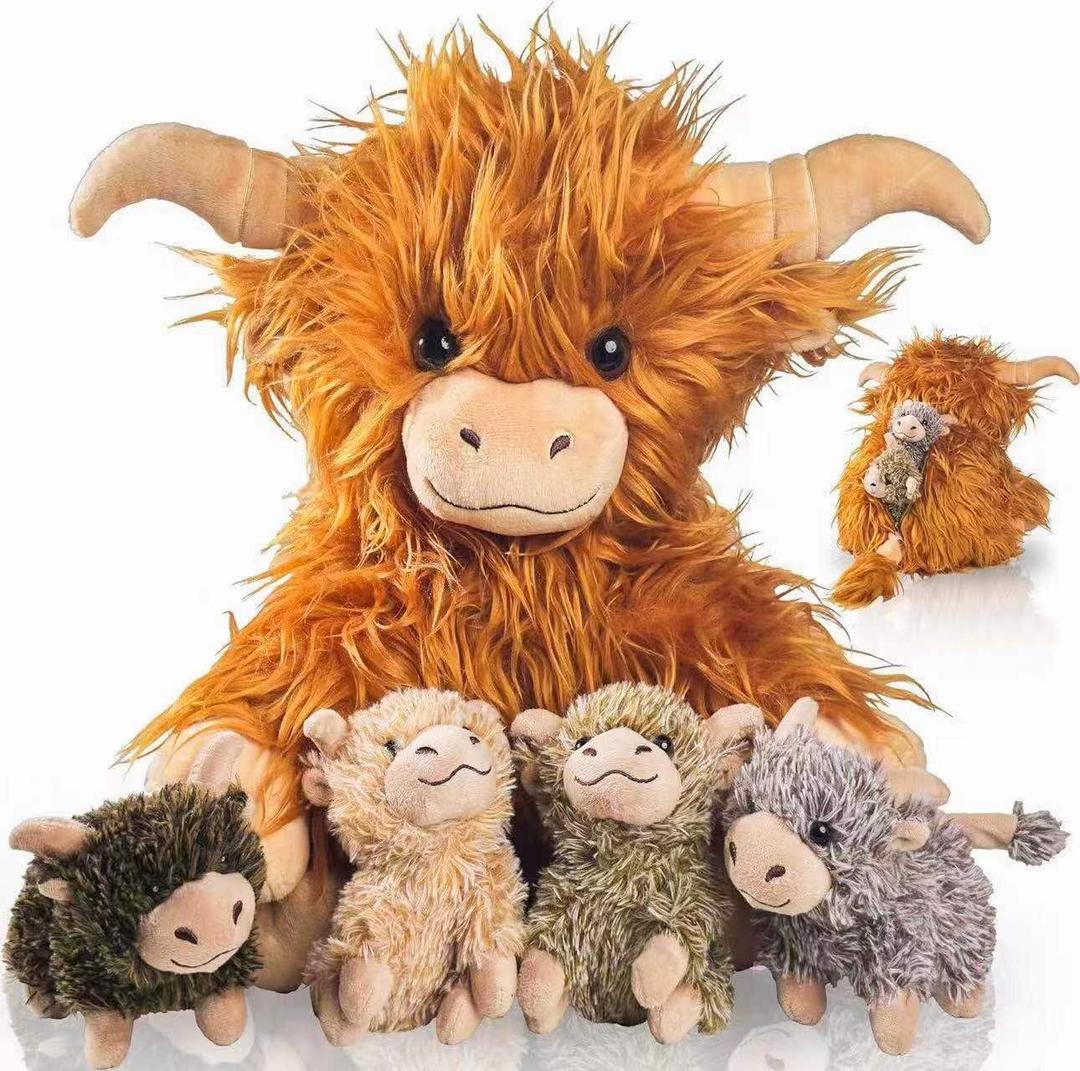 5 Pcs Highland Cow Stuffed Animal with Babies Inside, 14" Large Mommy Stuffed Highland Cow Plush Toy with 4 Babies, Cute Scottish Highland Cow Decor Plush Gifts for Kids Boys Girls Birthday Christmas
