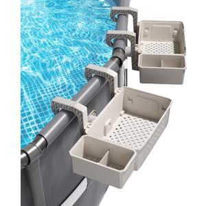 2 Sets of Poolside Storage Baskets with Cup Holders - Perfect for 3-Inch or Smaller Top Rails - Above Ground Pool Accessories - Fit for Most Above Ground Pool, (Gray)