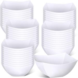 Tanlade 50 Pcs Square Plastic Serving Bowls Disposable Snack Salad Bowl Small Party Candy Bar Containers Taco Bar Serving Dishes for Buffet Chips Fruit(White,8 oz)