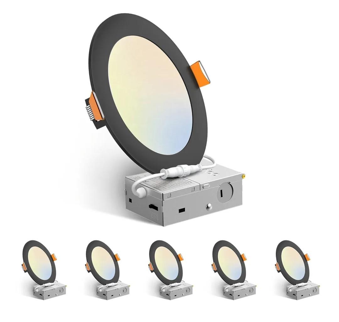Amico 6 Pack 6 Inch 5CCT Ultra-Thin LED Recessed Ceiling Light with Junction Box, 2700K/3000K/3500K/4000K/5000K Selectable, 12W Eqv 110W, Dimmable Canless Downlight, 1050LM High Brightness,Black