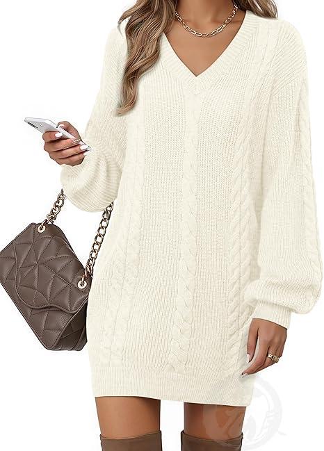 VAFOLY Women's Pullovers Jumper Sweaters Lantern Sleeve Casual V Neck Fall Knit Mini Sweater Dresses (X-Large)