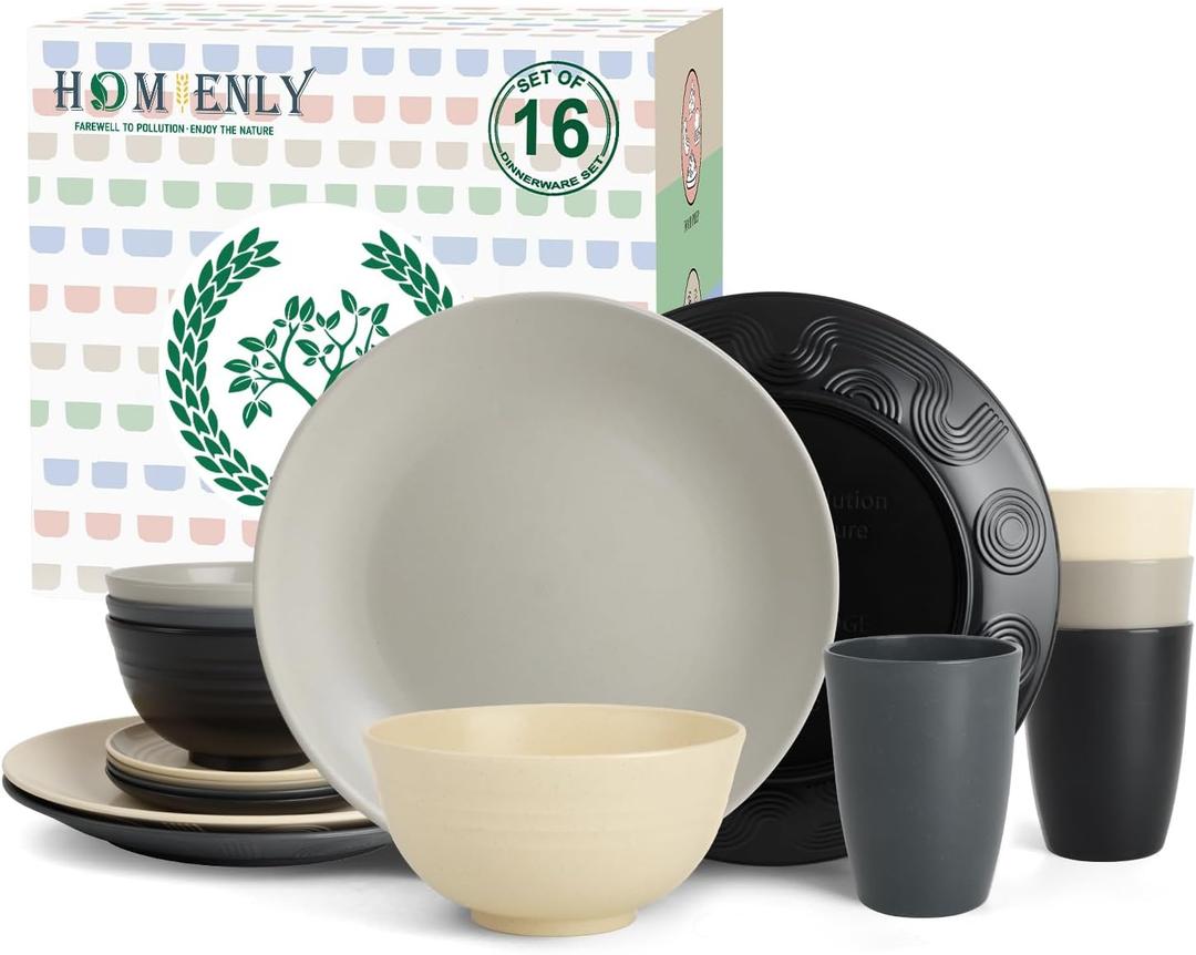Homienly Wheat Straw Dinnerware Set - Dinner Plates, Cereal Bowls, Drinking Cups Set, Unbreakable 16 PCS Dish Set, Microwave and Dishwasher Safe Dishes for Home, Outdoor - Grey Stone