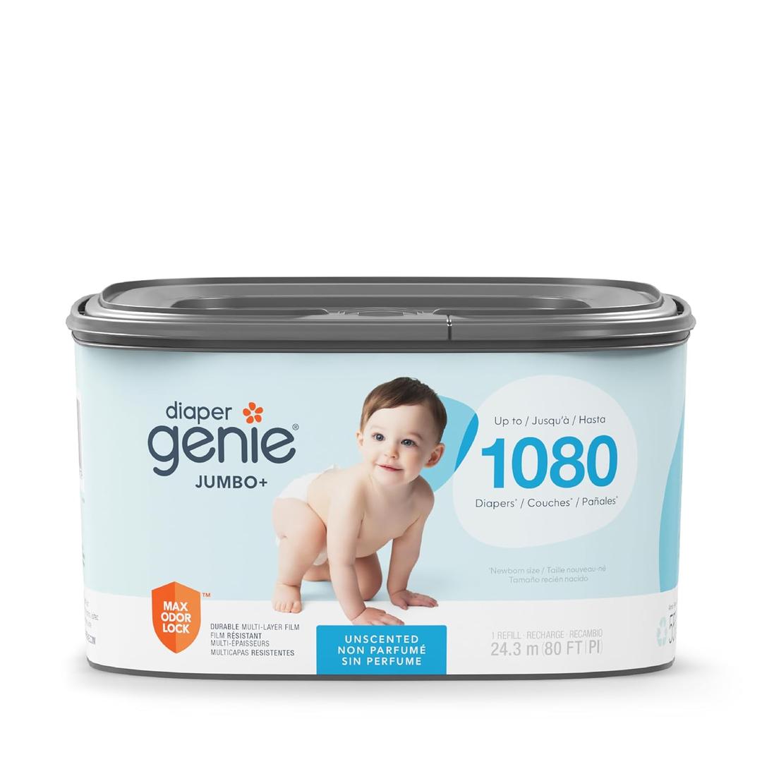 The Diaper Genie Jumbo+ Square Refill, with continuous film, can hold up to 1080 newborn-sized diapers per refill.