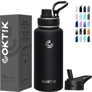 COKTIK 32 oz Sports Water Bottle With Straw,2 Lids, Stainless Steel Vacuum Insulated Water Bottles,Leakproof Lightweight, Keeps Cold and Hot, Great for Travel, Hiking, Biking, Running (Black)