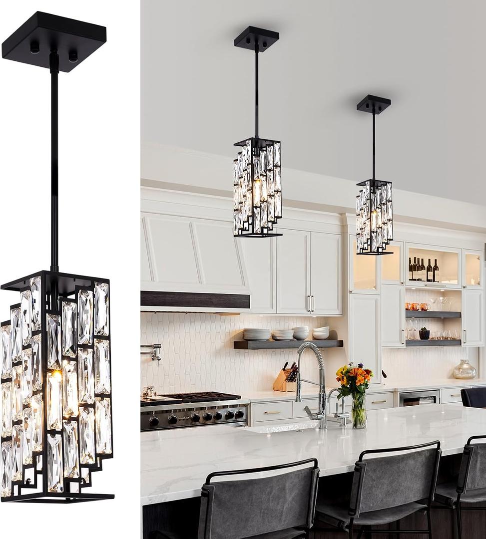 Crystal Pendant Lights Kitchen Island 2 Pack, Modern Black Chandelier Height Adjustable, Hanging Lights for Kitchen Island Dining Room Bedroom