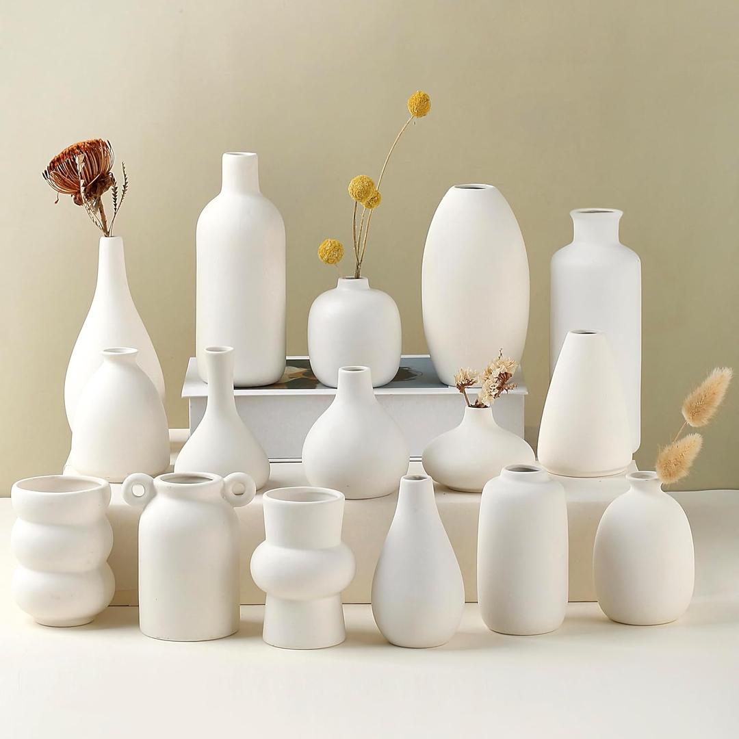 Set of 16 White Ceramic Bud Vases, Minimalist Boho Small Pampas Grass Flower Vase for Farmhouse Home Decor, Wedding Centerpiece, Shelf and Table Decoration