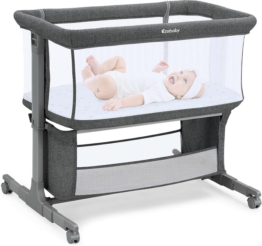Ezebaby Bedside Bassinet for Baby, Portable Baby Bassinet Bedside Sleeper
Adjustable 7 Heights and All Mesh Sides, Lockable Wheels, Large Storage Basket, Bedside Crib for Newborn Infants, Deep Gray