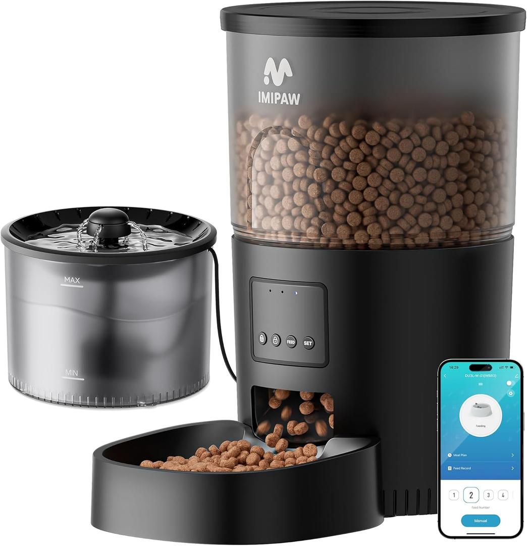 IMIPAW Automatic Cat Feeder 5G WiFi and Water Dispenser, Timed Dry Food Dispenser APP Remote Control, Programmable Portions, with Desiccant, Cat Fountains for Drinking with Filter, Small Pets (Combo)
