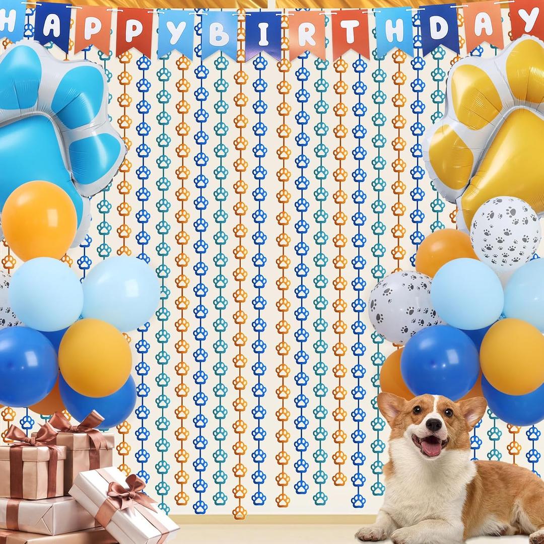 Blue Dog Birthday Decorations Dog Paw Party Decorations Paw Streamers Balloons 3.3 X 6.6ft Foil Fringe Curtains Photo Booth Prop Backdrop for Kids Birthday Party Decor