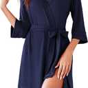 Ekouaer Robes for Women Short Knit Bathrobe Lightweight Sexy Lace Sleepwear Soft Knee Length Loungewear (Large, Navy Blue)