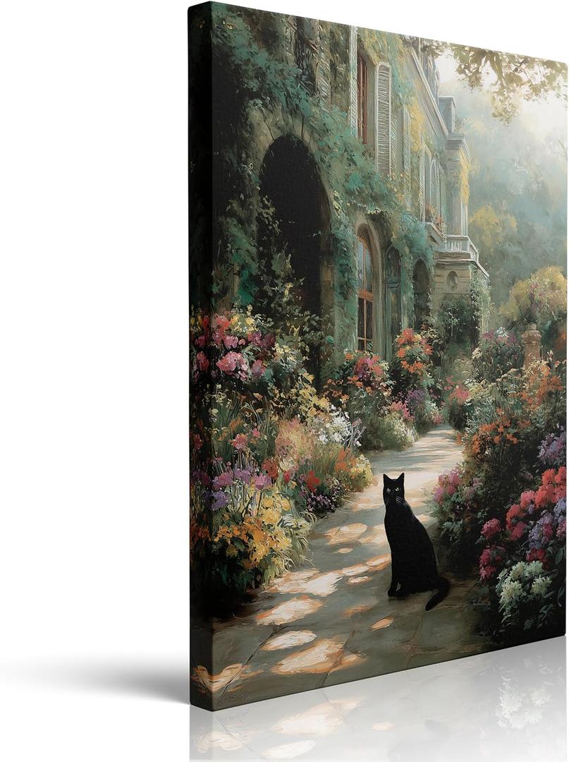 Vintage Rustic Garden Scene with Black Cat and Ivy Clad House Canvas Wall Art Framed Floral Landscape Painting Wall Decor for Country Farmhouse Home Cozy Living Room Bedroom Artwork 16x24 Inches