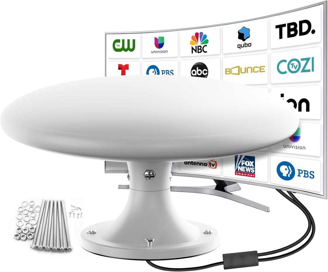 RV TV Antenna - Amplified Digital HD Antenna for 4K & 1080p Smart TV, VHF/UHF - Ideal for Camper, Trailer, Truck, Caravan, Boat, Attic or Outdoor Use, 32.8ft Cable (White)