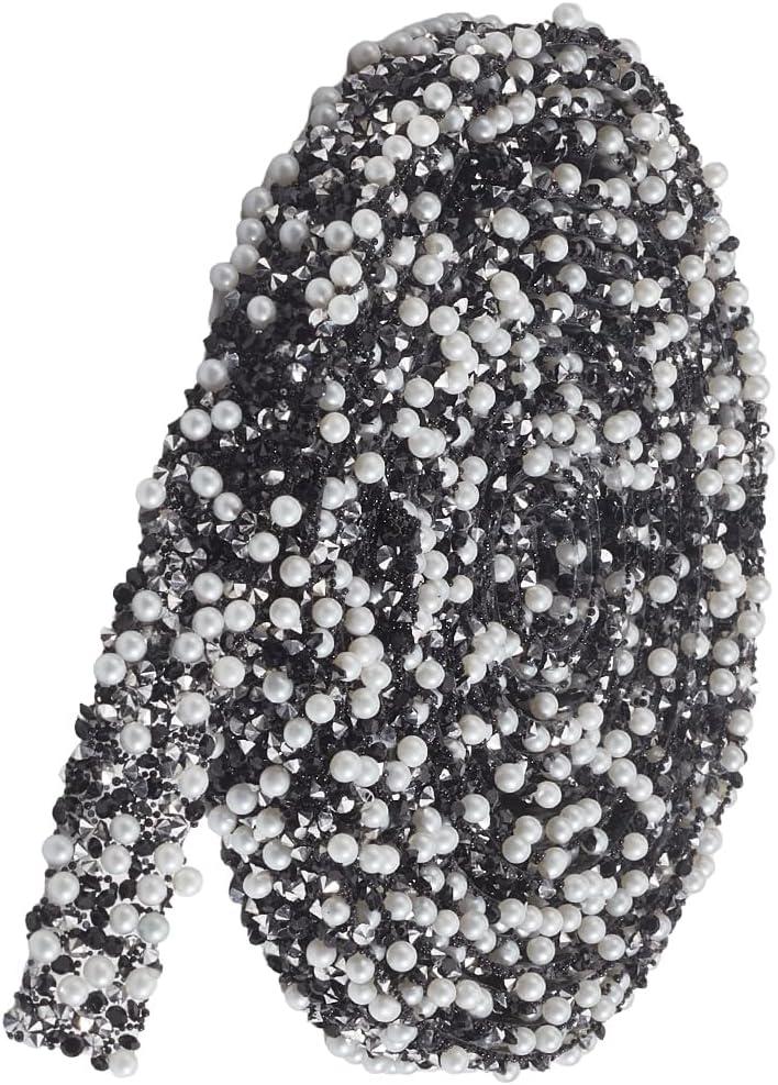 3 Yards Self Adhesive Resin Rhinestones Ribbon Trim Black Bling Glitter Rhinestone Diamond Crystal Pearl Bead Strips Belt Roll Iron on Stickers for Craft Shoes Clothing Decor Wedding Dresses
