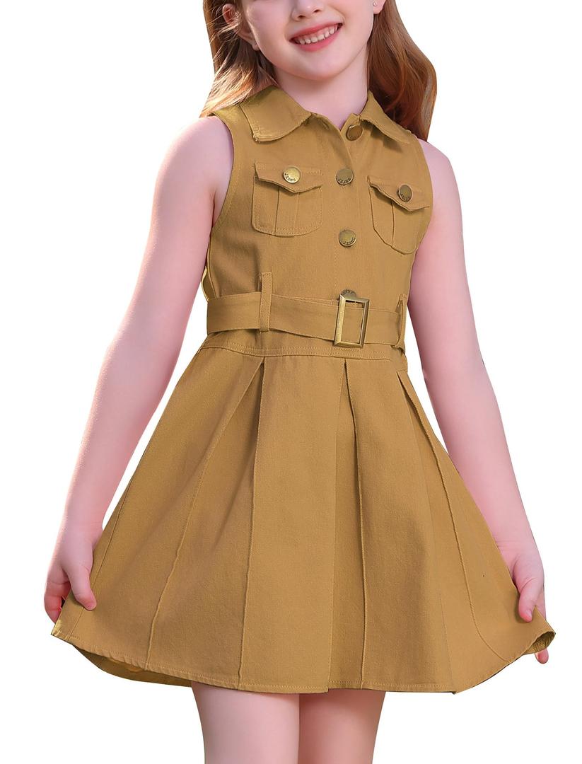 OBEEII Toddler Girls Denim Jeans Dress Sleeveless Summer Casual Lapel Collar Pleated Ruffle Dress with Belt Kids Spring Birthday Tea Party Cute Flap Pockets A-line Sundress Brown 2-3 Years