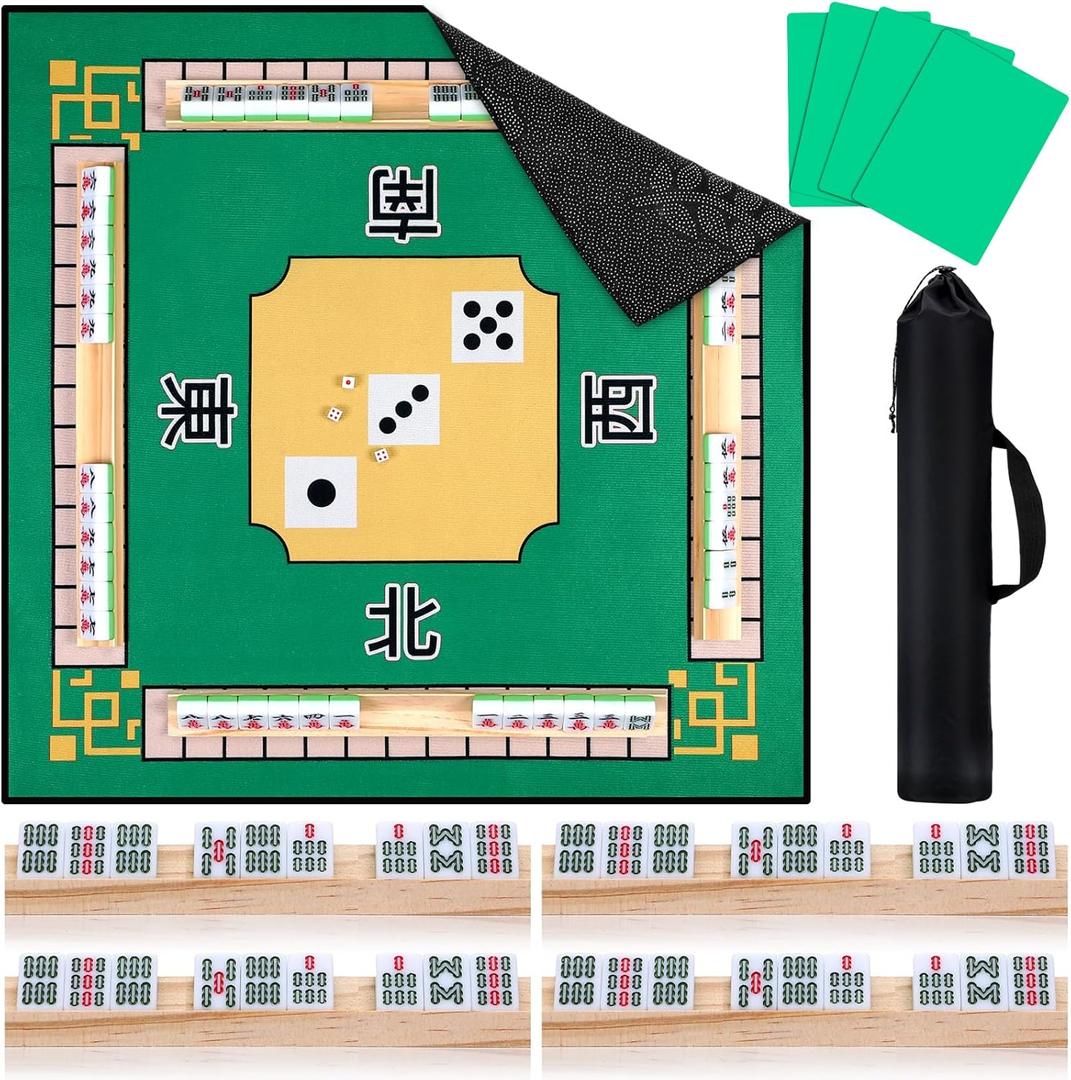 Breling Mahjong Mat Kit Wooden Mahjong Tiles Tray for Table Include Non Slip Noise Reduction Gaming Green Mat 31.5" Tile Mixer with Bag for Poker Card Game Dominoes