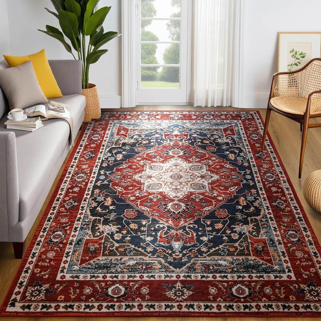 YJ.GWL Large Area Rug for Living Room, 5x7 Machine Washable Boho Rug for Bedroom, Low Pile Lightweight Thin Rugs Floral Vintage Distress Print Pattern Carpet for Dining Room, Red