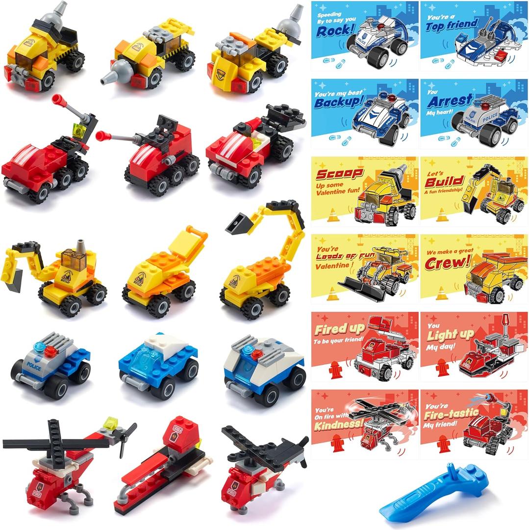 JOYIN 24 Pcs Valentine's Day Mini Truck Building Blocks with Cards, Small Fire Truck, City Police Car, Construction Vehicle for Kids, Valentines Day Gift Exchange, Classroom Party Favor Prize