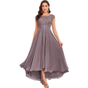 Tea Length Mother of The Bride Dresses for Women Wedding Cap Sleeves Lace Foral Formal Dress with Pockets Size XL