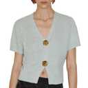 URBAN REVIVO Women's Cardigan Sweaters Short Sleeve V Neck Gold Button Down Cropped Knit Casual Summer Tops Grey, XS