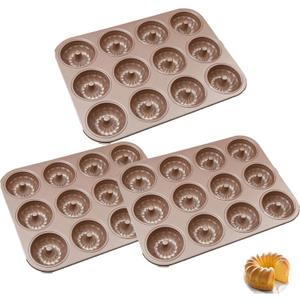 3 Pack Mini Cake Pan, 12-Cavity Non-Stick Mini Fluted Tube Cake Pans, 10 x 7.7 x 0.8 Inch Carbon Steel Doughnut Pan, Petite Fluted Cake Pan