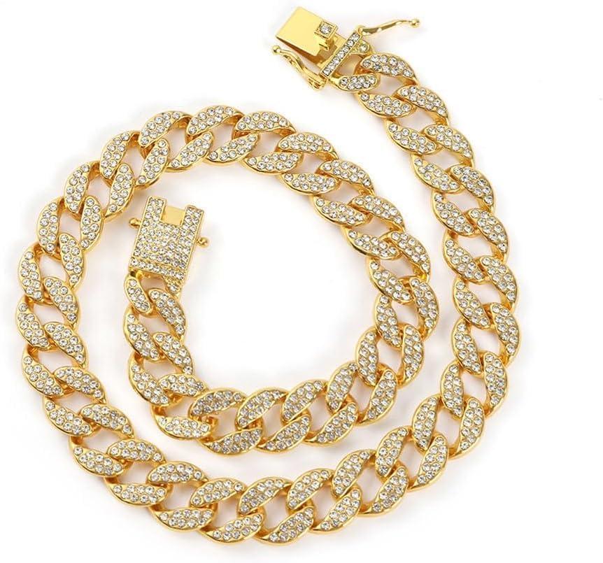 Dog Chain Collar Diamond Cuban Link Dog Collar 13mm Wide Dog Necklace Metal Cat Chain Pet Crystal Collar Jewelry Accessories for Puppy Small Medium Large Dogs Cats (Gold, 10 inch)