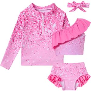 Funnycokid Baby Toddler Girls Swimsuit 4 Piece Bathing Suit Long Sleeve Rash Guard Sets 12 Months - 7 Years (Glitter Print Pink)