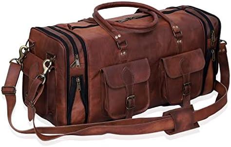 Genuine Leather Duffle Bag 24 Inch Handmade Vintage Travel Case Luggage Bags for Men, Overnight Carry On Duffel Bag Medium Weekender Gym Bag for Men and Women