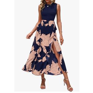 BTFBM Women Casual Sleeveless Summer Dresses 2025 Spring Crewneck Patchwork Boho Floral Ruffle Cocktail Party Midi Dress Size Medium