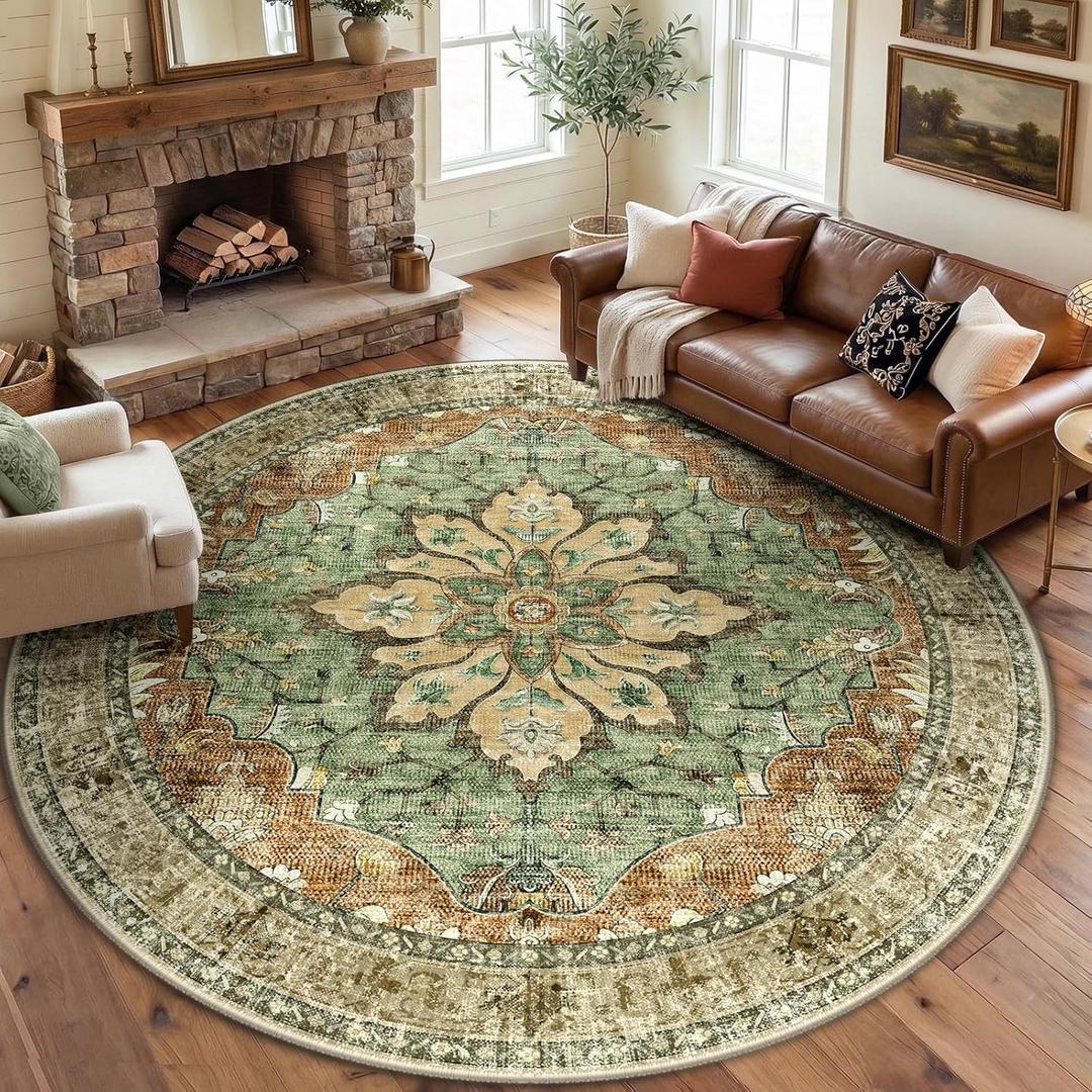RELEANY Area Rugs 8ft Washable Non-Slip, Floral Vintage Distress Print Pattern Medallion Carpet for Living Room Bedroom Dining Room, Brick Red Rust Neutral Brown Burnt Orange