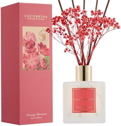 COCORRÍNA Reed Diffuser - Orange Blossom 6.76 Fl.oz Reed Diffuser Sets with Preserved Flowers, Diffuser with 8 Sticks for Bathroom Shelf Decor