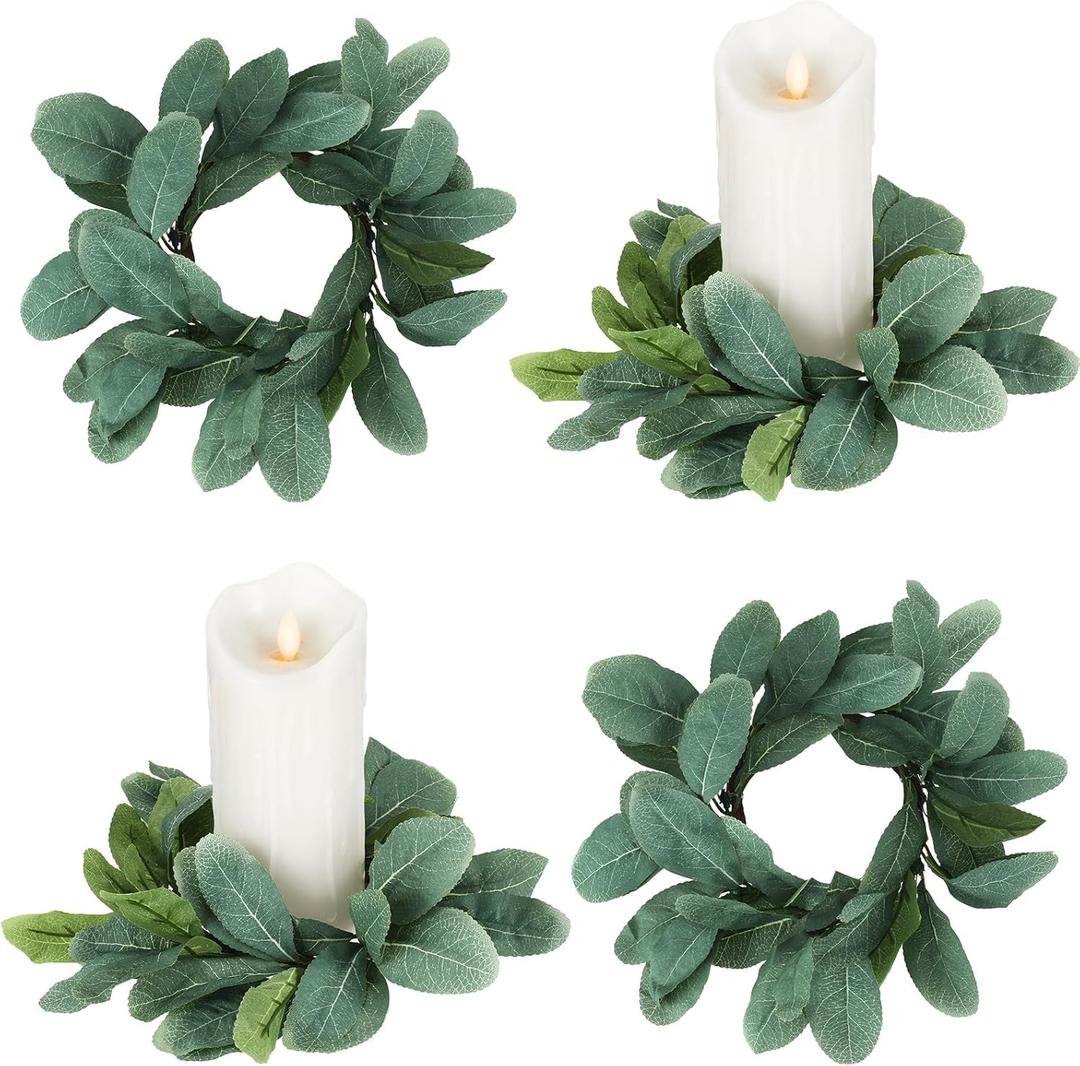 Waydress 4 Pieces Candle Rings Artificial Eucalyptus Leaves Wreaths Small Boho Wreaths Rings Pillar Candle Holder for Wedding Home Door Tabletop Decoration (Cute Leaf Style)