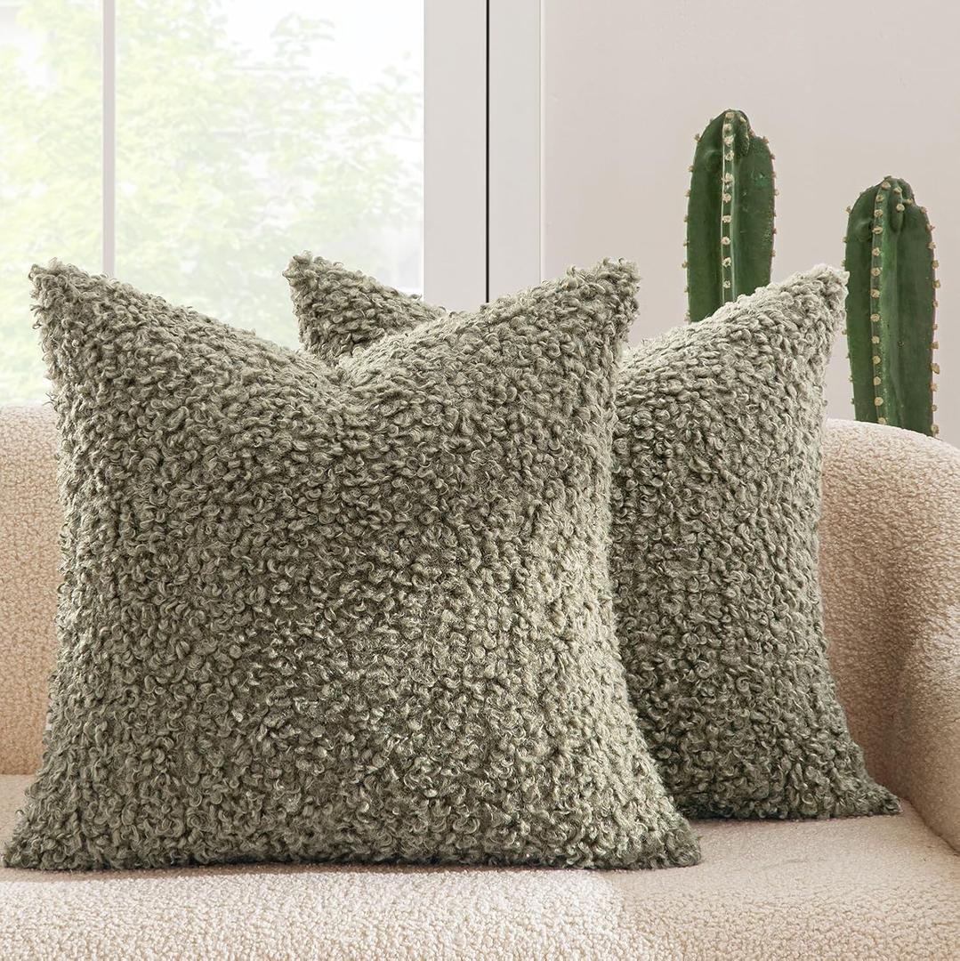 MIULEE Pack of 2 Throw Pillow Covers 18x18 Inch Sage Green Faux Fur Decorative Sherpa Spring Pillow Covers Fuzzy Accent Soft Sheepskin Fleece Cushion Cases for Boho Home Decor Couch Living Room Bed