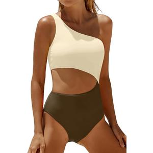 Women's One Piece Swimsuit One Shoulder Bathing Suit Cutout Tummy Control Swimwear Beige Brown S