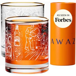 AWAZ Whiskey Glasses  Set of 2, Engraved with Whiskey-Making Process, 24k Gold Rim  11oz Scotch, Bourbon Lovers Glass  Best Gift - Men, Dad, Husband, Coworker  Holiday, Birthday, Retirement