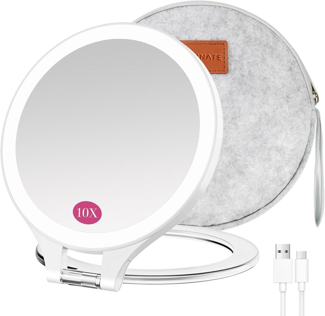 Magnifying Mirror with Light 30X/1X, Double Sided travel mirror with light, Rechargeable makeup mirror with 3 color setting Adjustable stand Lighted mirror Vanity Portable Desk Cosmetic Mirror (White 10x With Felt)