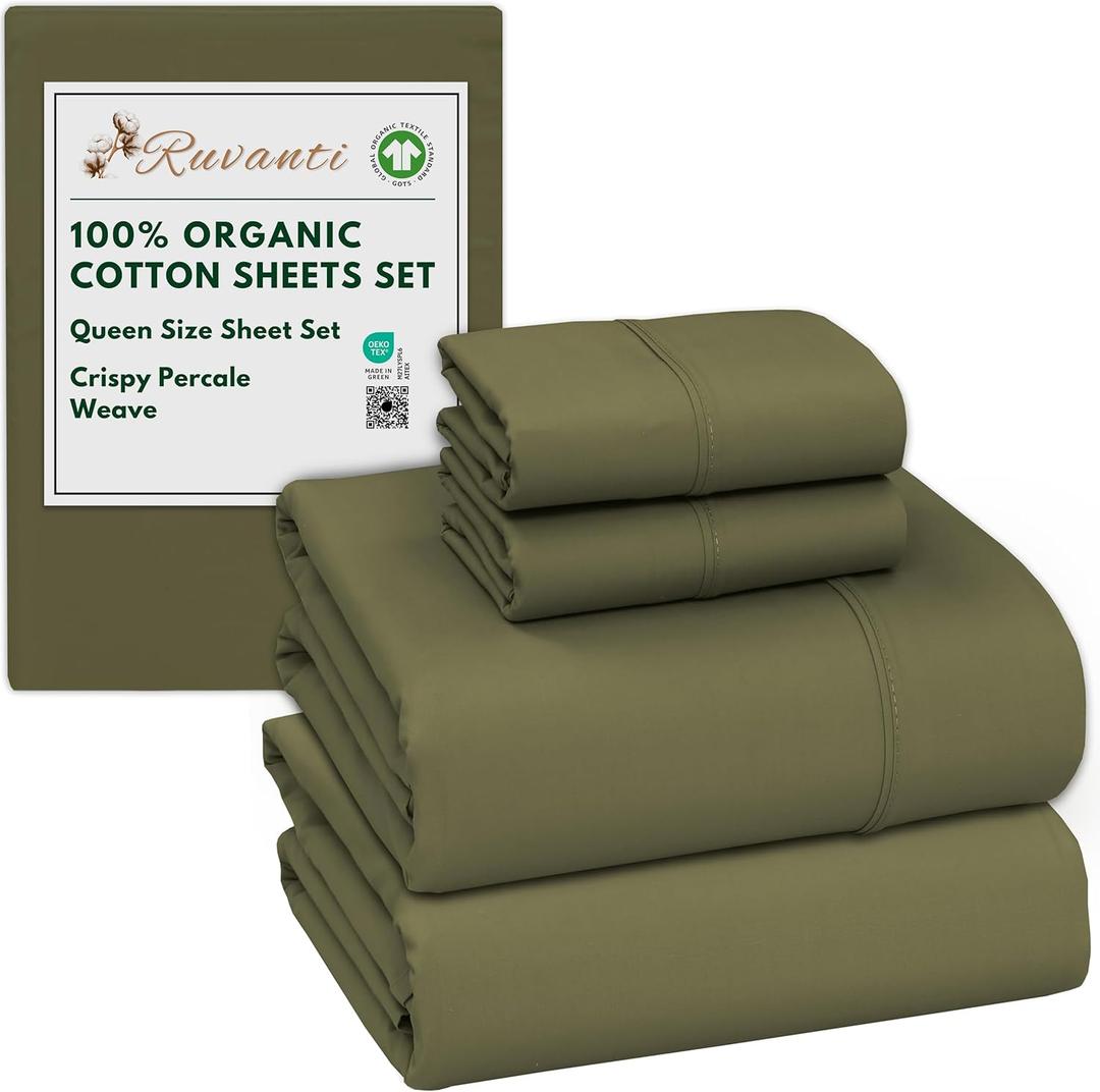 RUVANTI 100% Organic Cotton Sheets Queen Size, Percale Weave, GOTS Certified, 4-Piece Set, Deep Pocket 15", Crisp & Breathable, Soft Durable Bedding, Sbanas Algodn Orgnico  Olive