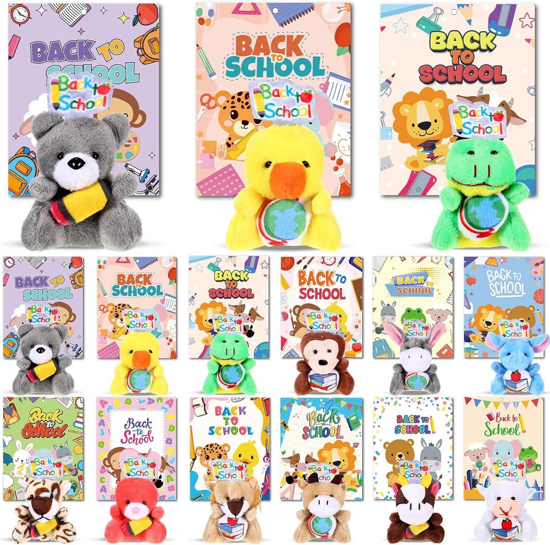 60 Pcs 30set Back to School Gifts for Students Mini Stuffed Animals Toys with Cards First Day of School Stuffed Keychains for Students Classroom Exchange Gifts