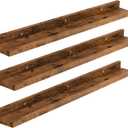 HOOBRO Floating Shelves, Wall Shelf Set of 3, 35.4 Inches Hanging Shelf with Raised Edge and Invisible Brackets, for Bathroom, Bedroom, Kitchen, Office, Living Room Decor, Rustic Brown BF90BJ01