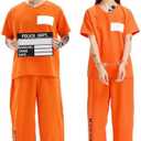 Prisoner Costume Men Women, Orange Jumpsuit with Handcuffs, Mug Shot Sign & Number Stickers, Inmate Costume for Halloween large