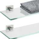 JQK Bathroom Glass Shelf, Floating Tempered Glass Shower Storage 12 by 5 inches, 304 Stainless Steel Brushed Finish Wall Mount 1 Pack, TGS201L12-BN-P2