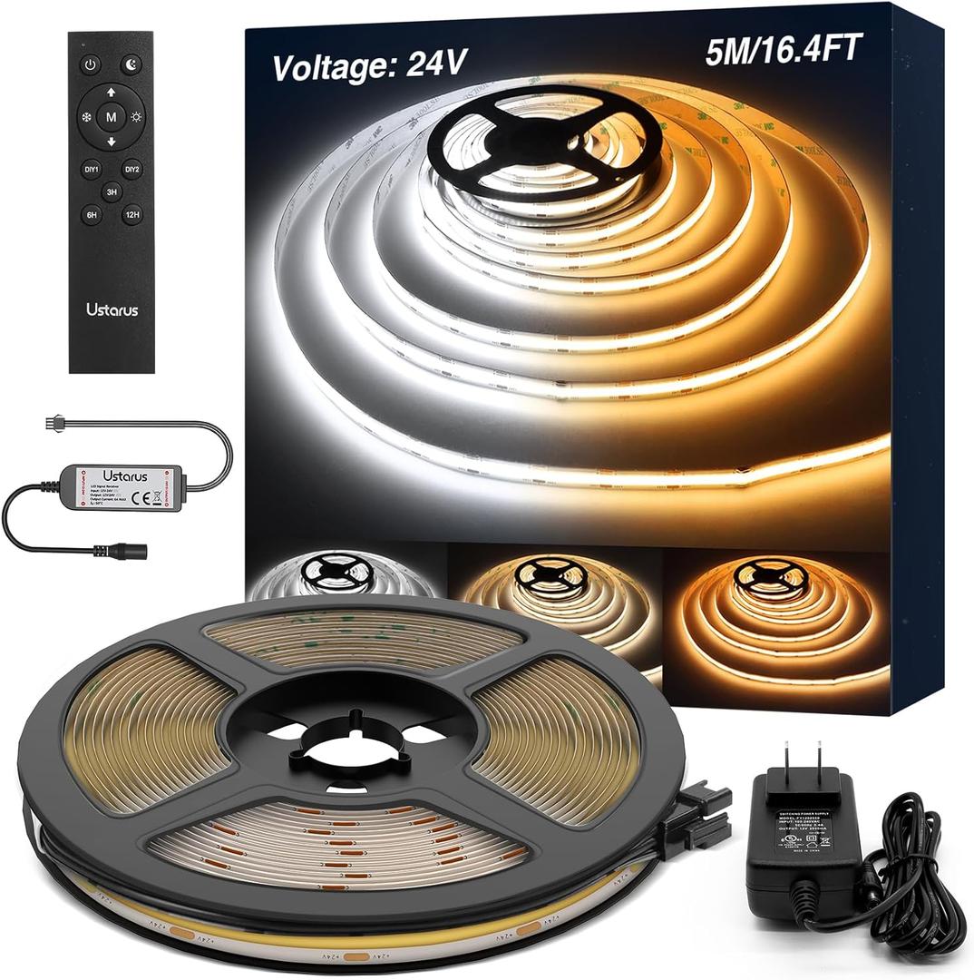 COB LED Strip Light White Dimmable 16.4FT 24V 2700K-6500K, COB Light Strip Tape with RF Remote 3200 LEDs CRI93+ for Kitchen Under Cabinet Bedroom Mirror Indoor Home Daylight Warm White
