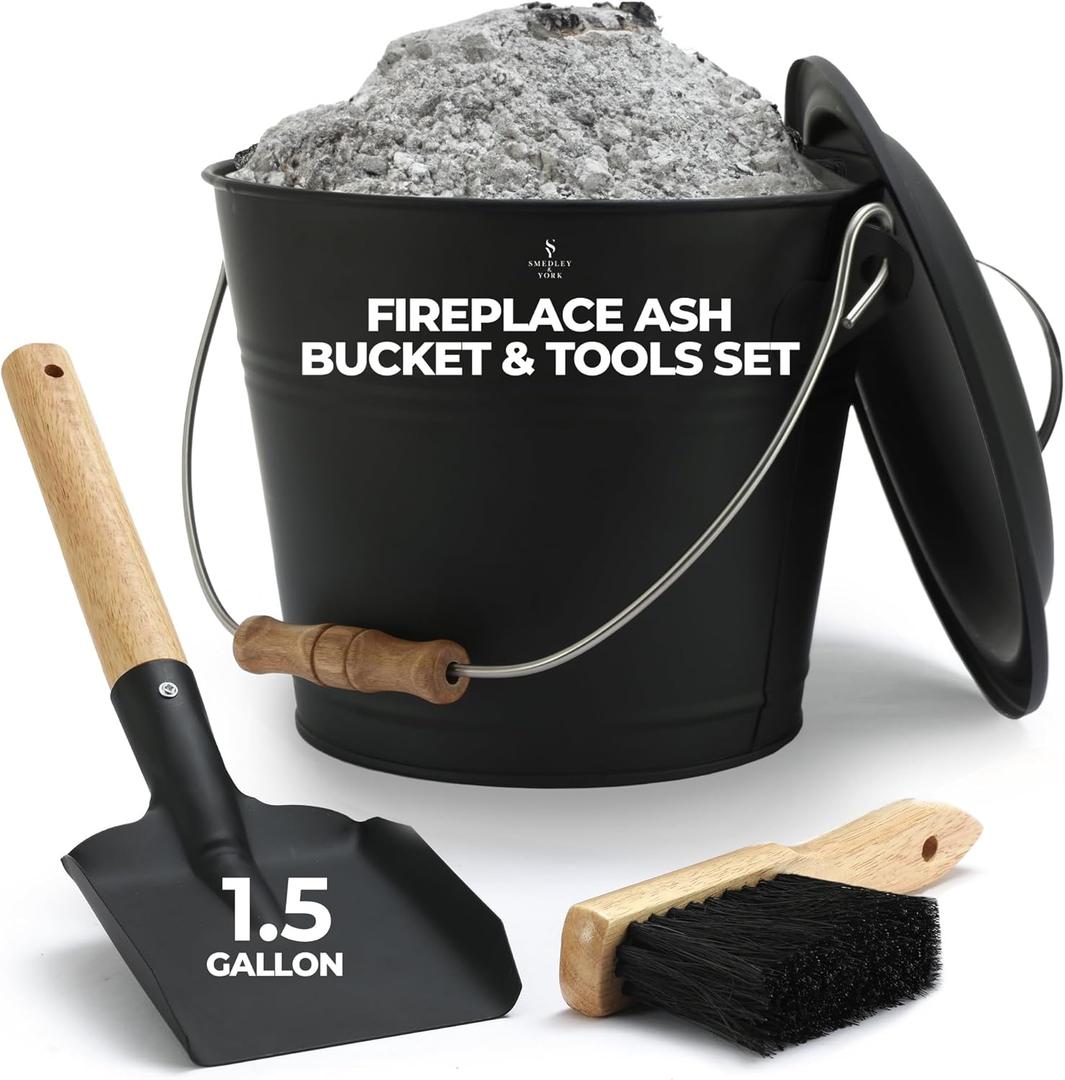 Smedley & York Mini Ash Bucket with Lid, Includes Fireplace Tools, Pail, Shovel and Broom, 1.5 Gallon Charcoal Metal Bucket with Lid, Coal Bucket and Ash Can, Galvanized Iron Ash Bucket for Fireplace