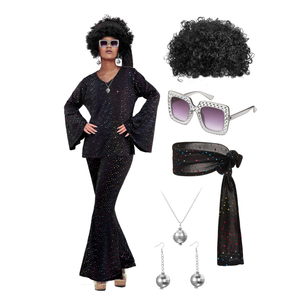 Jexine Halloween 70s Women Disco Costume Set Disco Party Top Pants Sunglasses Ball Necklace Earring Wig , Size XXL