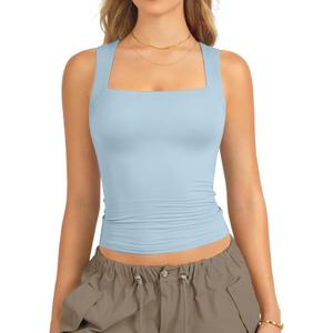 ATHMILE Tank Tops for Women Square Neck Sleeveless Double-Layer Tank Tops Basic Tight T Shirts, L