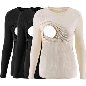 Liu & Qu Women's Nursing Tops Ribbed Long Sleeves Maternity Shirts Double Layer Breastfeeding Shirts Pregnancy Clothes 3 Pack (Medium, Black+black+apricot)