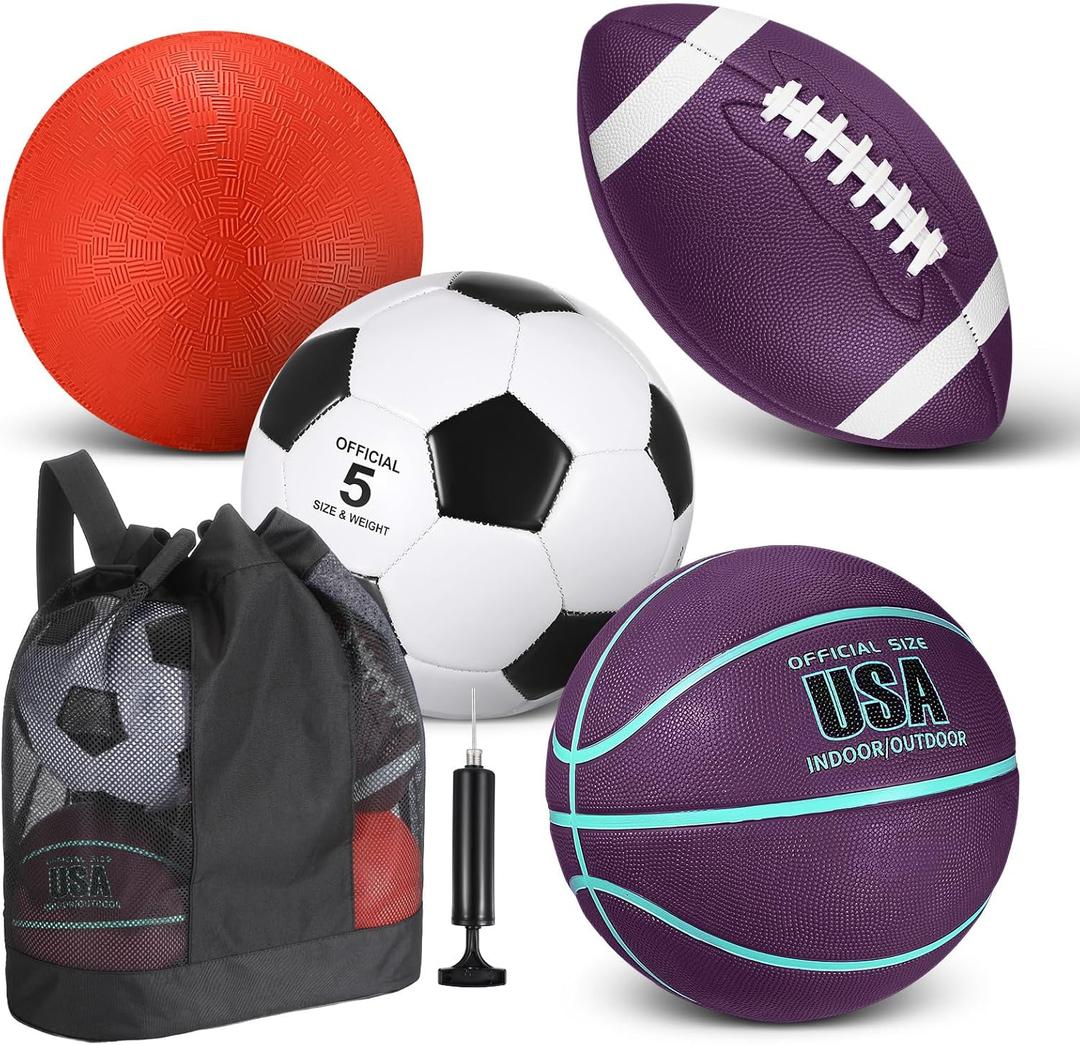 Lenwen 4 Pcs Sports Balls Set, Include Official Size Basketball Soccer Football Playground Ball Pump Equipment Bag Recess Equipment Sport for Teen Adult Gift Back to School (Dark Purple and Mint Green)