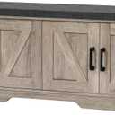 HOMSHO 2-Tier Storage Bench, 47.2" Wide Shoe Bench with Padded Seat Cushion, Entryway Bench with 4 Barn Doors and Adjustable Shelf, Greige